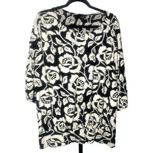 Lucky Brand Top blouse Womens size 2X black white Floral Lightweight 3/4 Sleeve